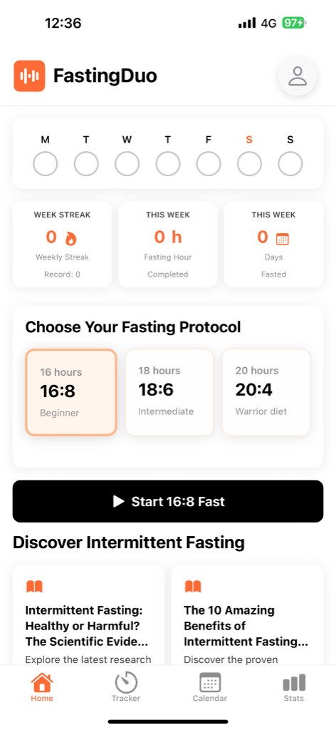 FastingDuo home – choose protocol and start fast