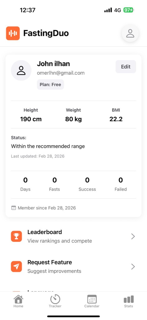 FastingDuo profile – account and settings